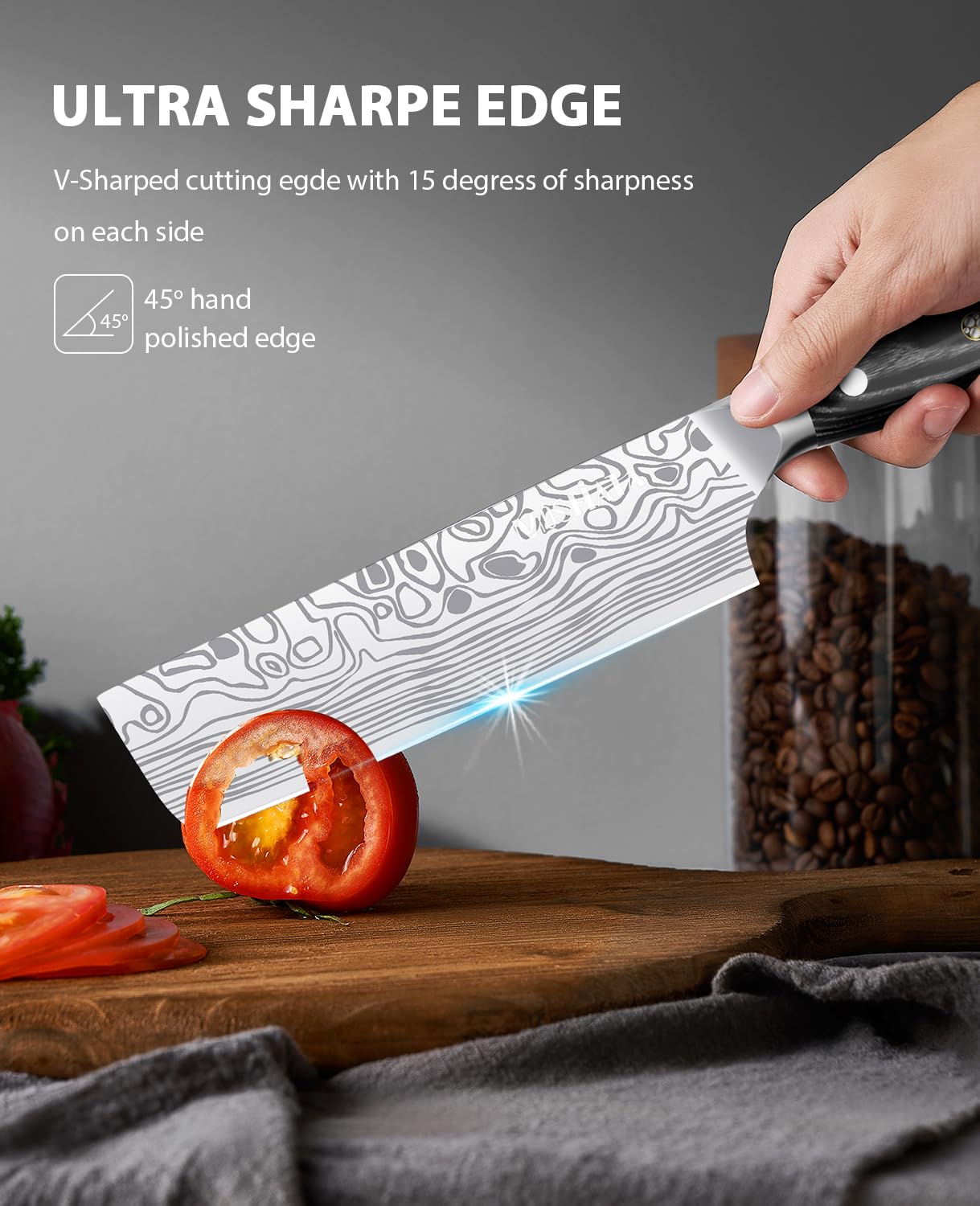 MOSFiATA Nakiri knife micarta handle for a comfortable extended prep