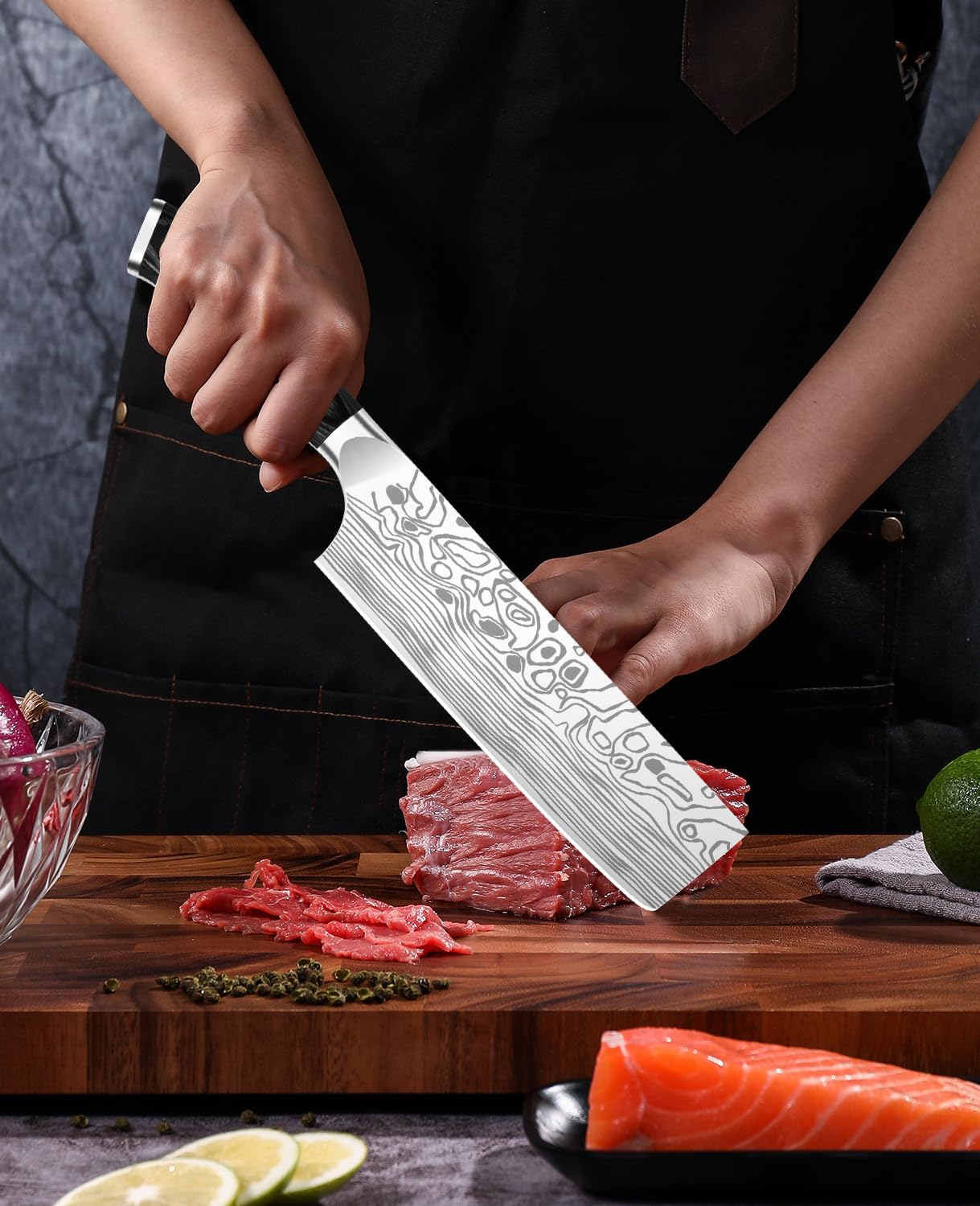 MOSFiATA Nakiri knife triple rivets securing the handle