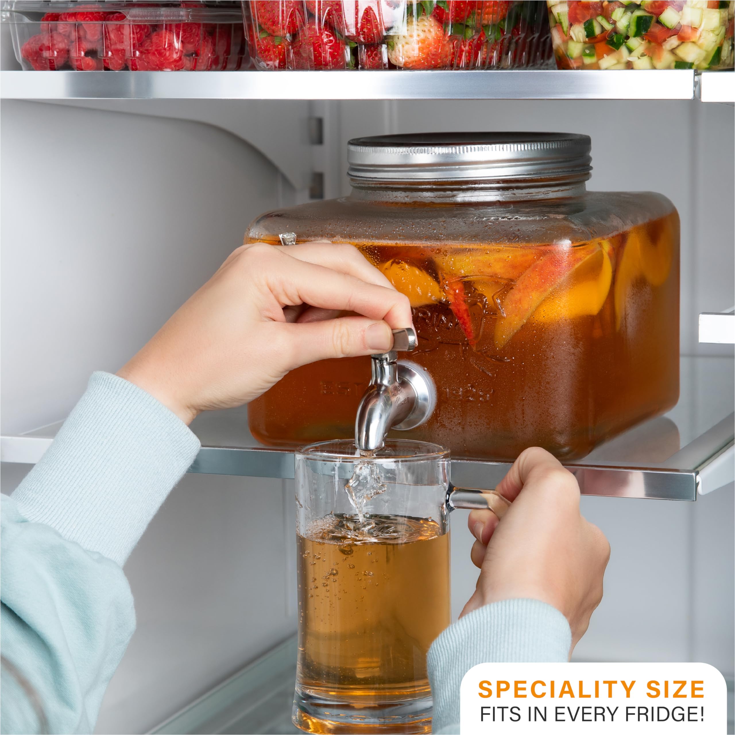 MosJos glass dispenser wide opening for easy fruit infusion and quick refills.
