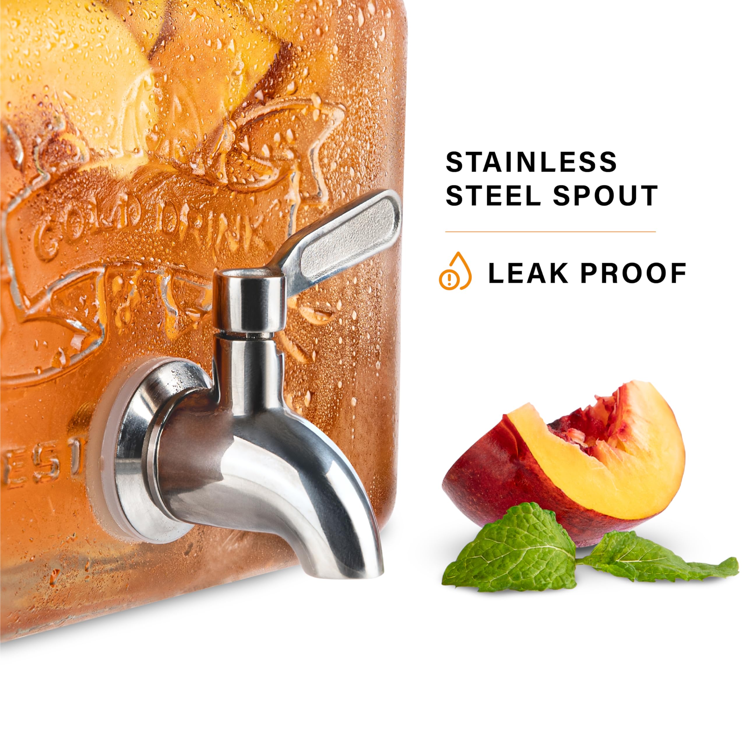 MosJos dispenser with leak-proof stainless steel spout for steady pour every time.