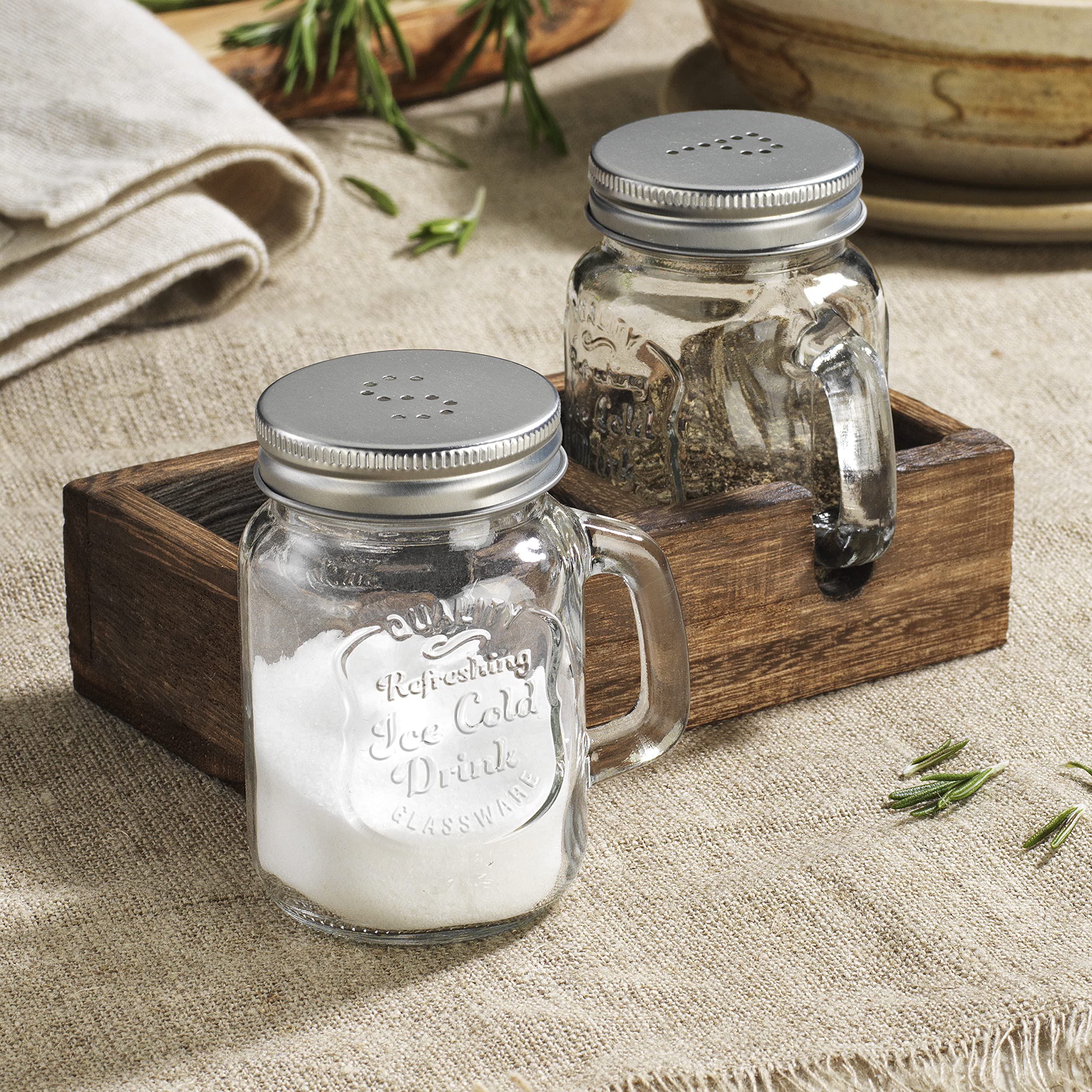 MosJos Mason Jar Shakers on wood holder highlighting rustic kitchen decor