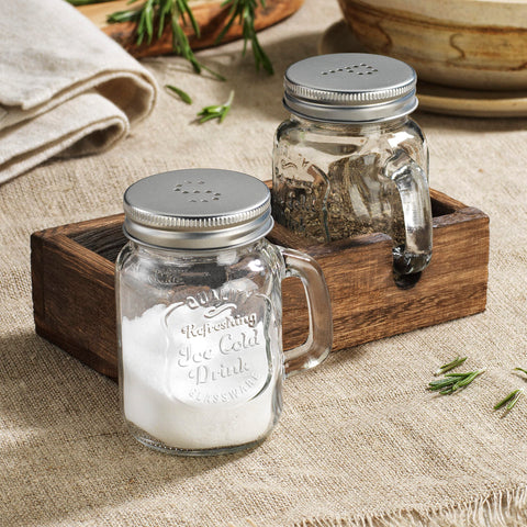 MosJos Mason Jar Shakers on wood holder highlighting rustic kitchen decor