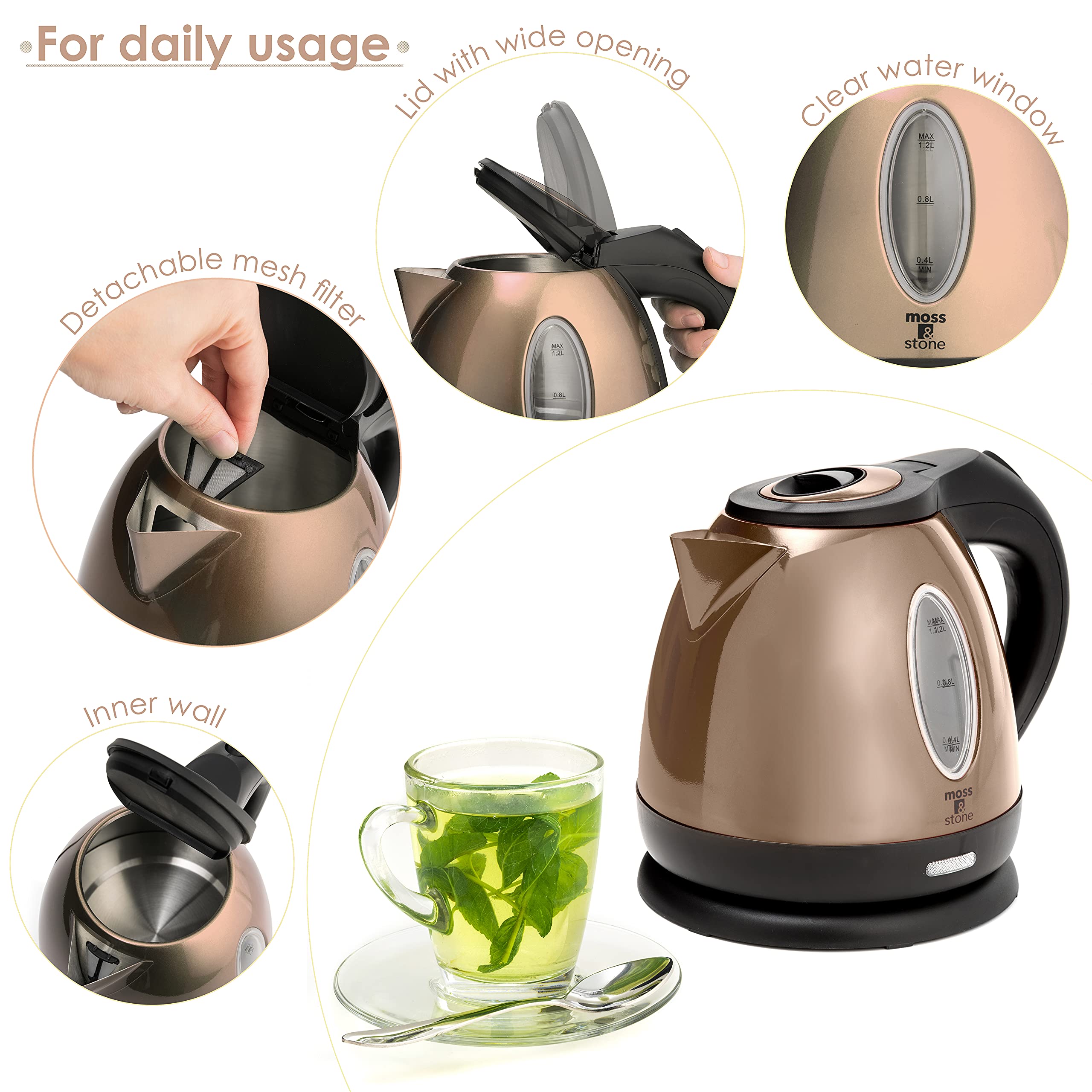 Moss & Stone 1.2L kettle lid, easy removal for simple cleaning.