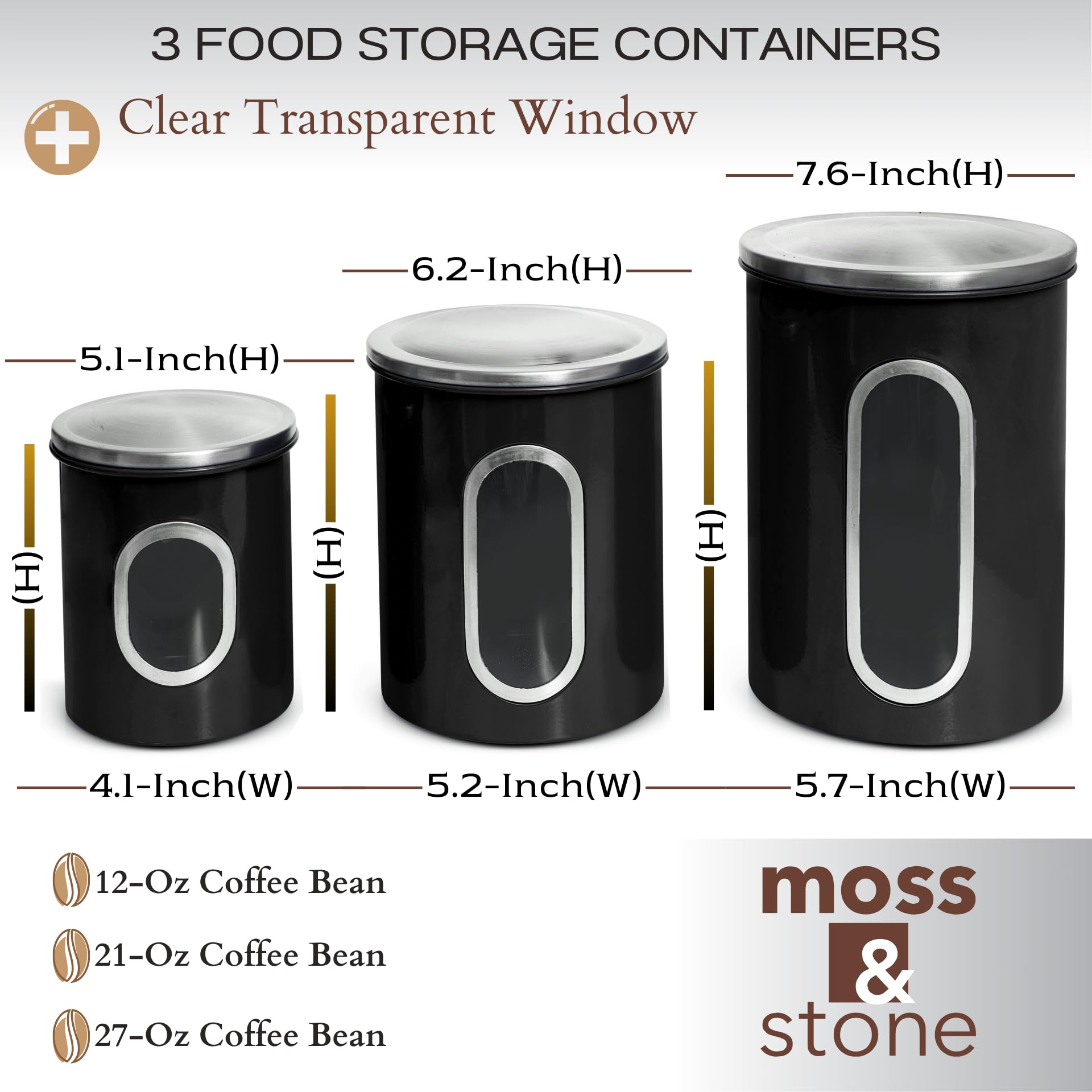 Moss & Stone canisters with a clear front window for quick content checks.