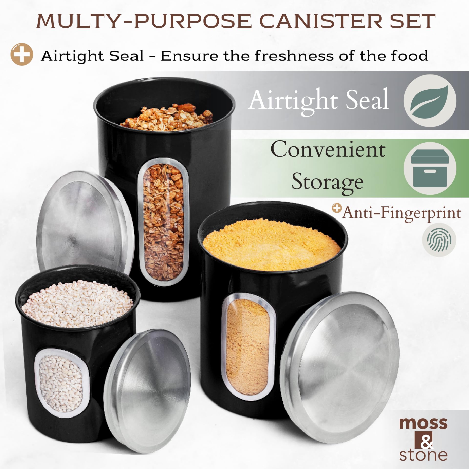 Moss & Stone coffee canister shows fresh beans behind the window.