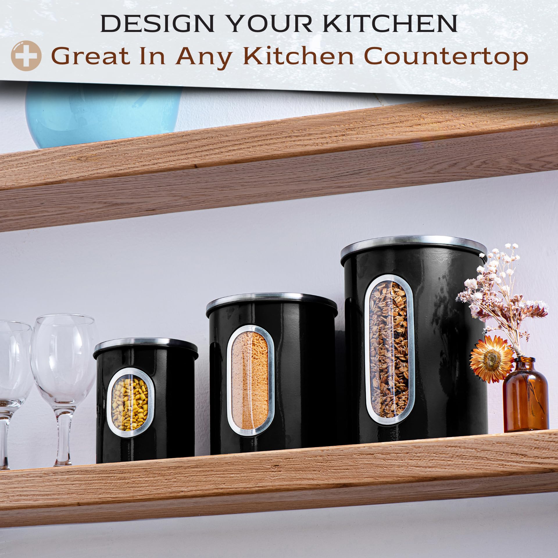 Moss & Stone canisters stacked to save kitchen space.