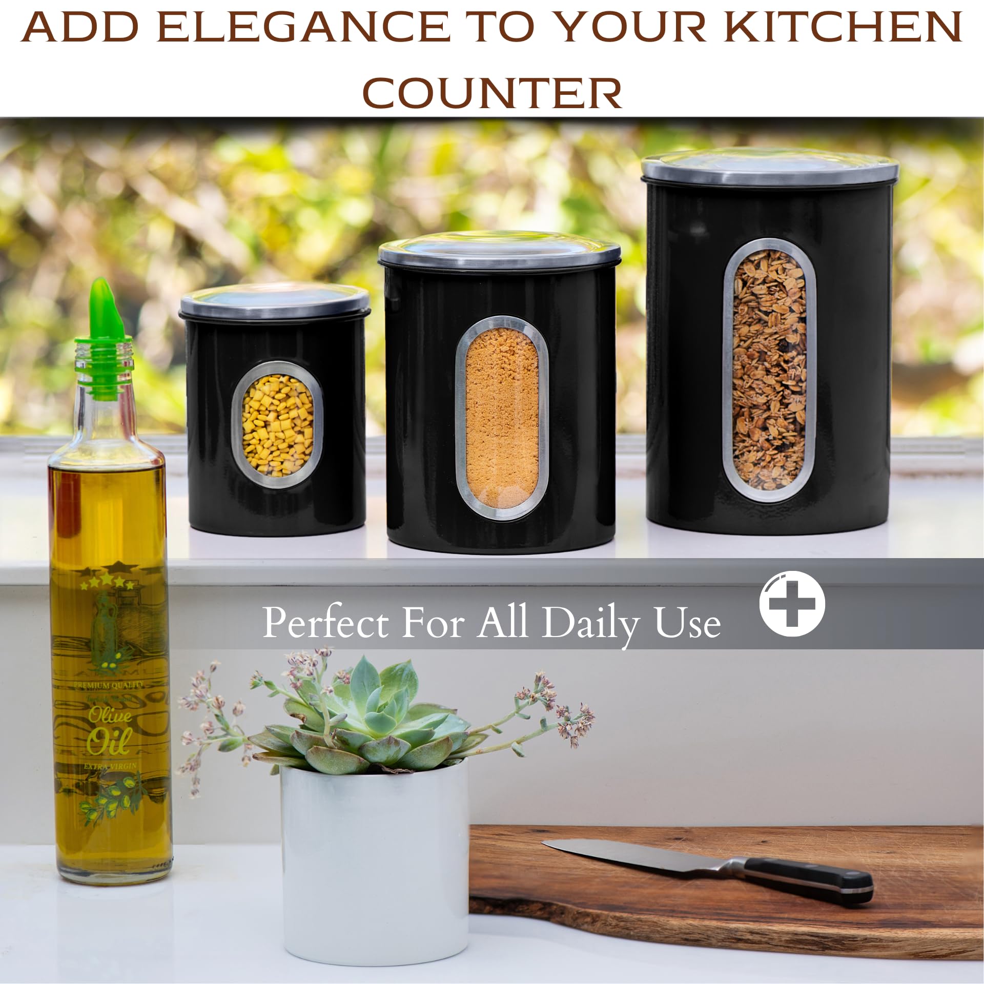 Moss & Stone sugar canister features BPA-free stainless steel lid.