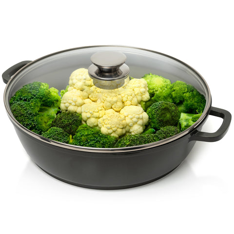 Moss & Stone 12-inch nonstick skillet with lid, smooth surface for easy food release.