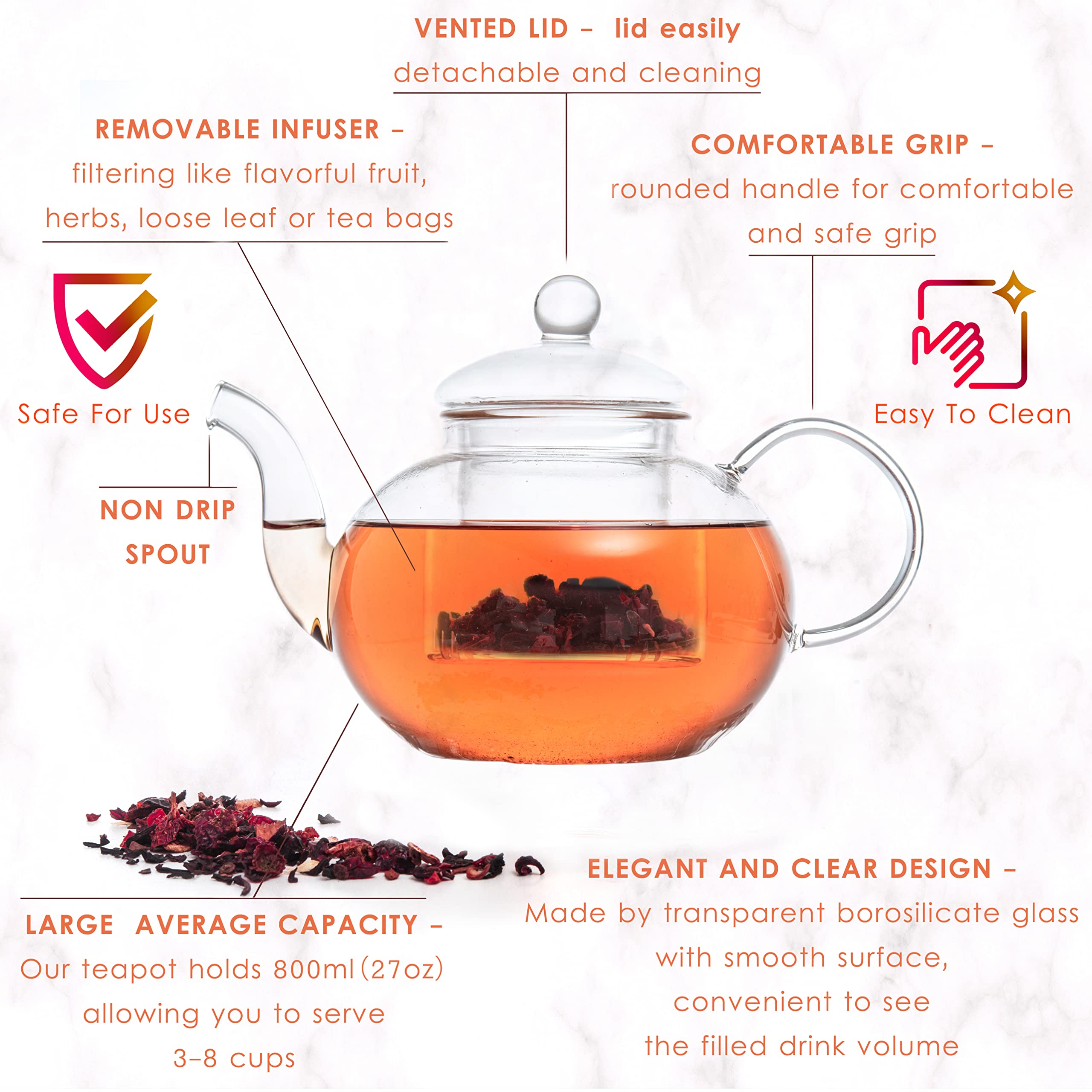 Moss & Stone borosilicate teapot showcases tea color clearly.