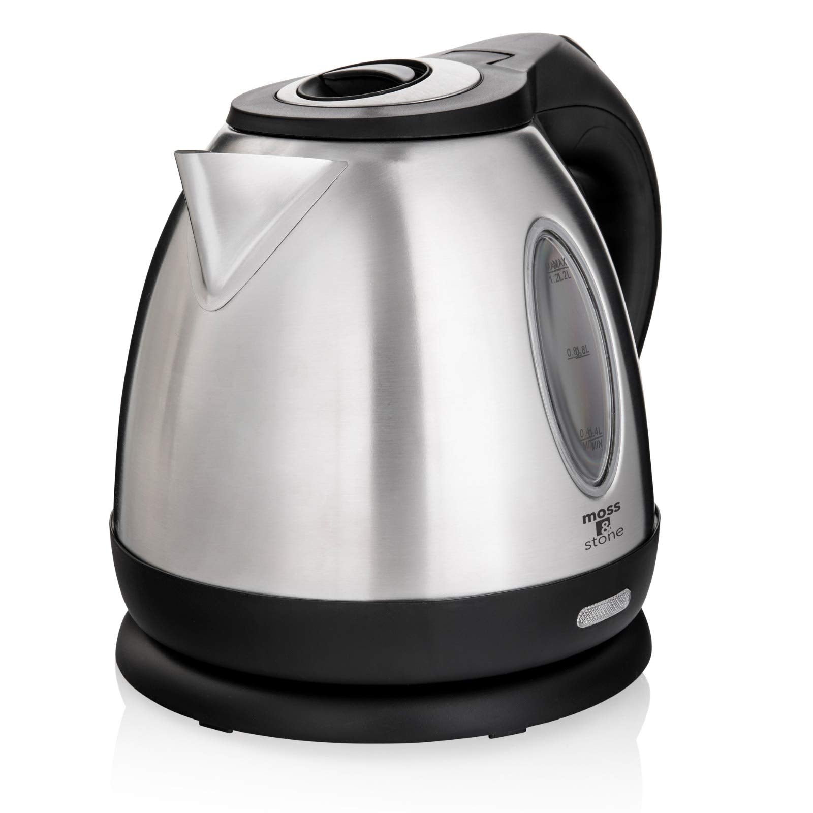 Moss & Stone compact 1.2L kettle offers quick tea and hot water on demand.