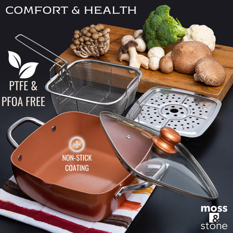 Moss & Stone square copper pan maximizes cooking surface for family meals