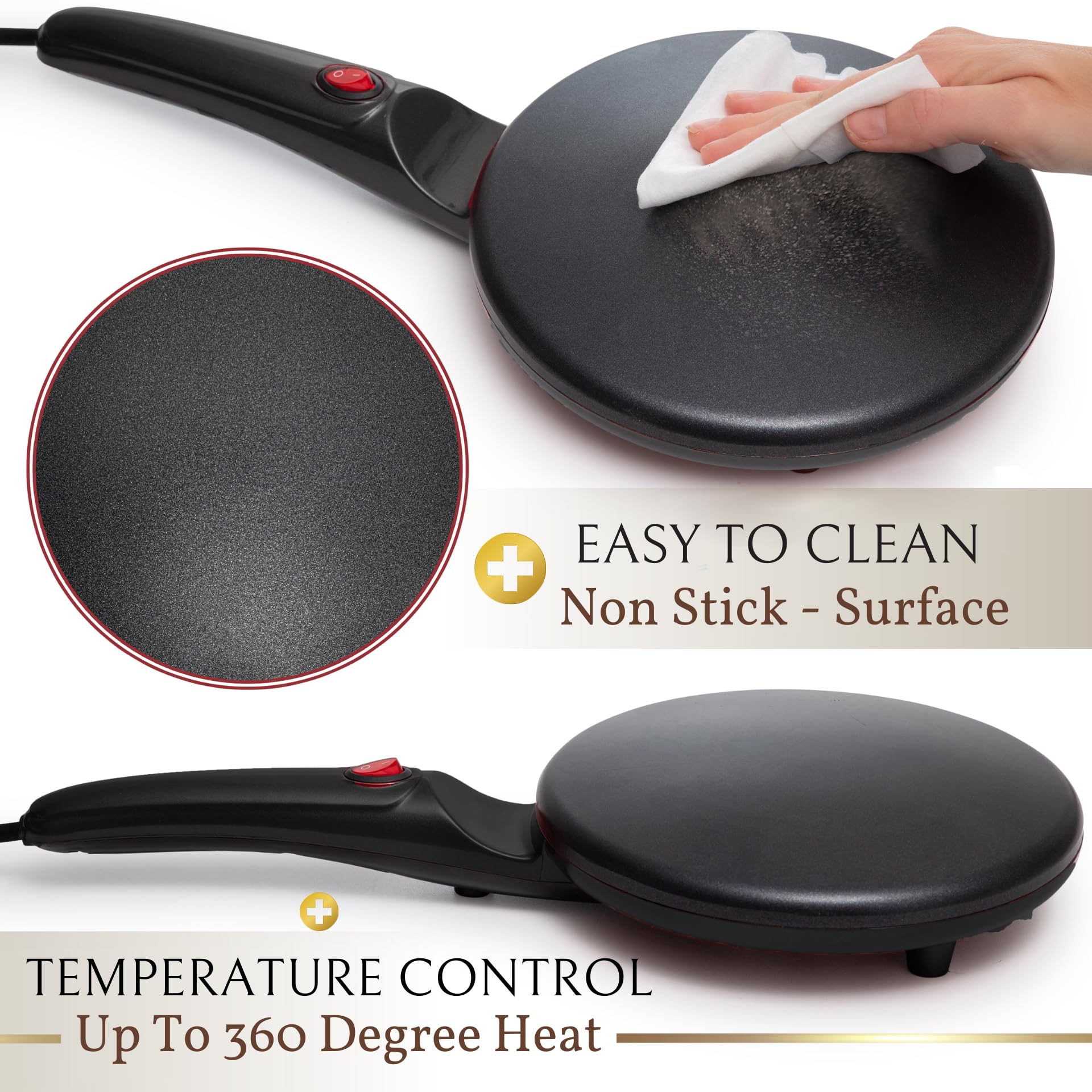 Moss & Stone dipping plate enables precise batter dipping for evenly shaped crepes.