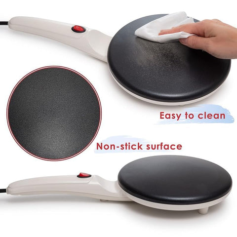 Moss & Stone crepe maker nonstick coating close-up, easy release for cleanup.