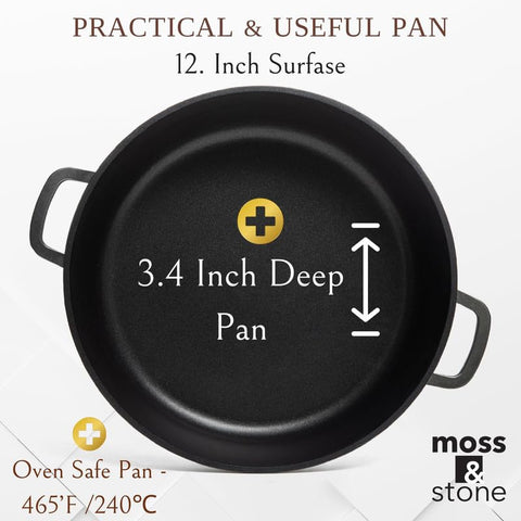 Moss & Stone deep 3.4-inch skillet design for larger meals and simmering.
