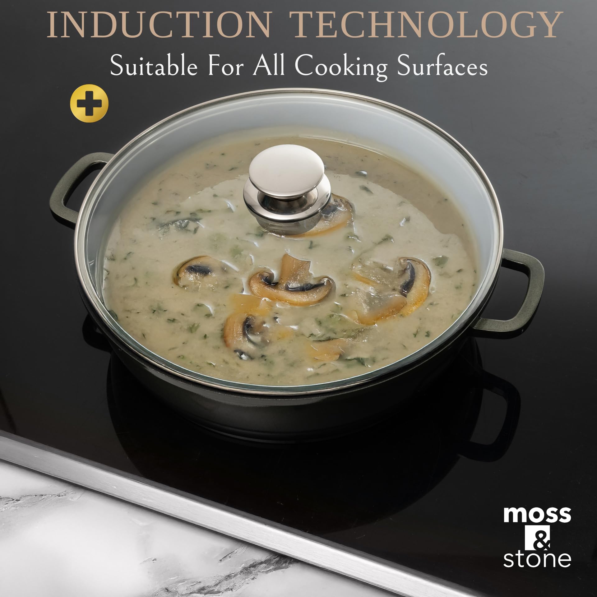 Moss & Stone die-cast aluminum skillet highlighting even heat distribution for browning.