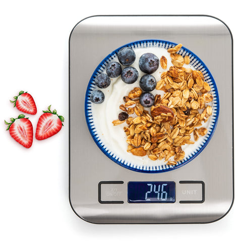 Moss & Stone digital kitchen scale display for precise recipe measurements.