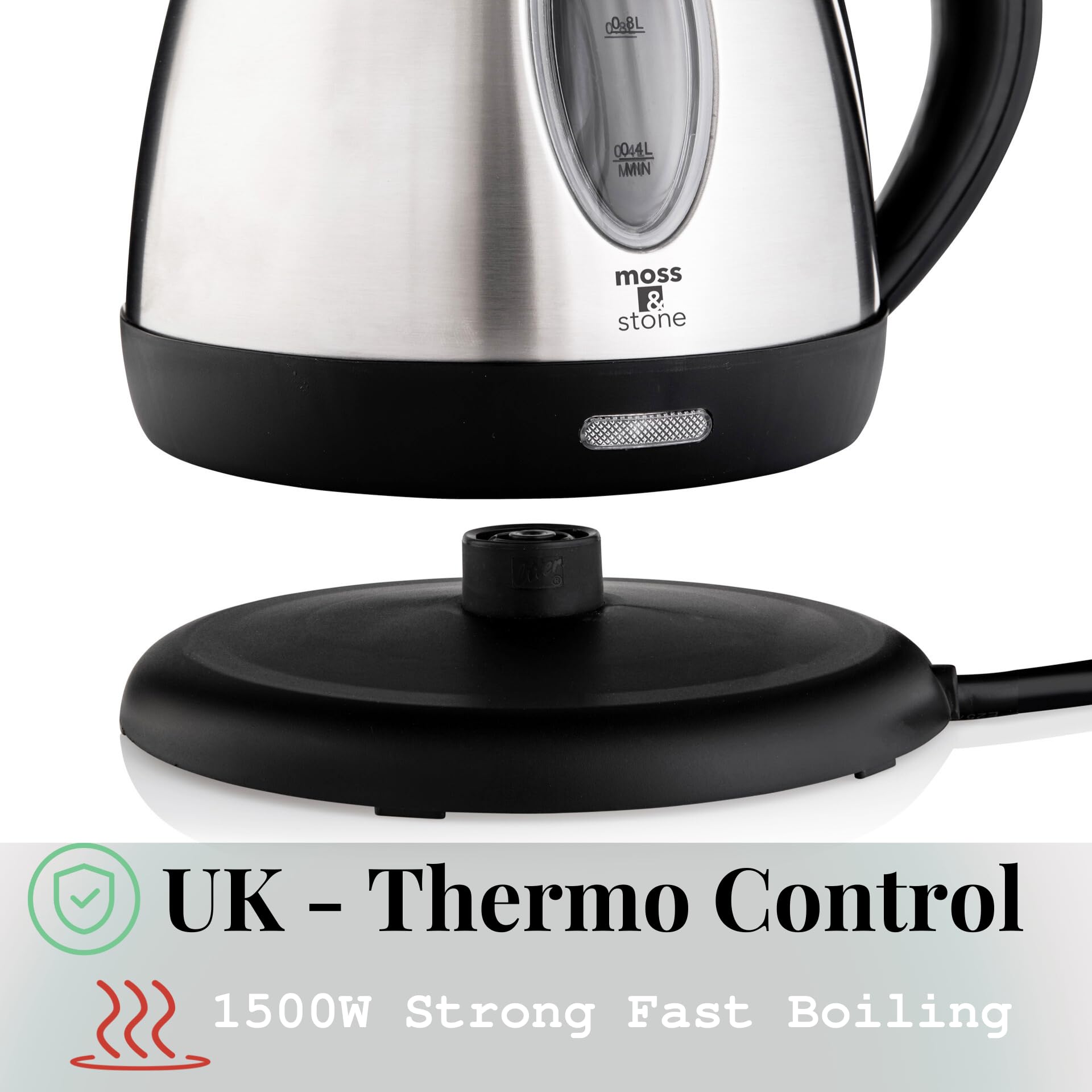Moss & Stone fast-boil 1500W kettle delivers hot water quickly for tea and coffee.
