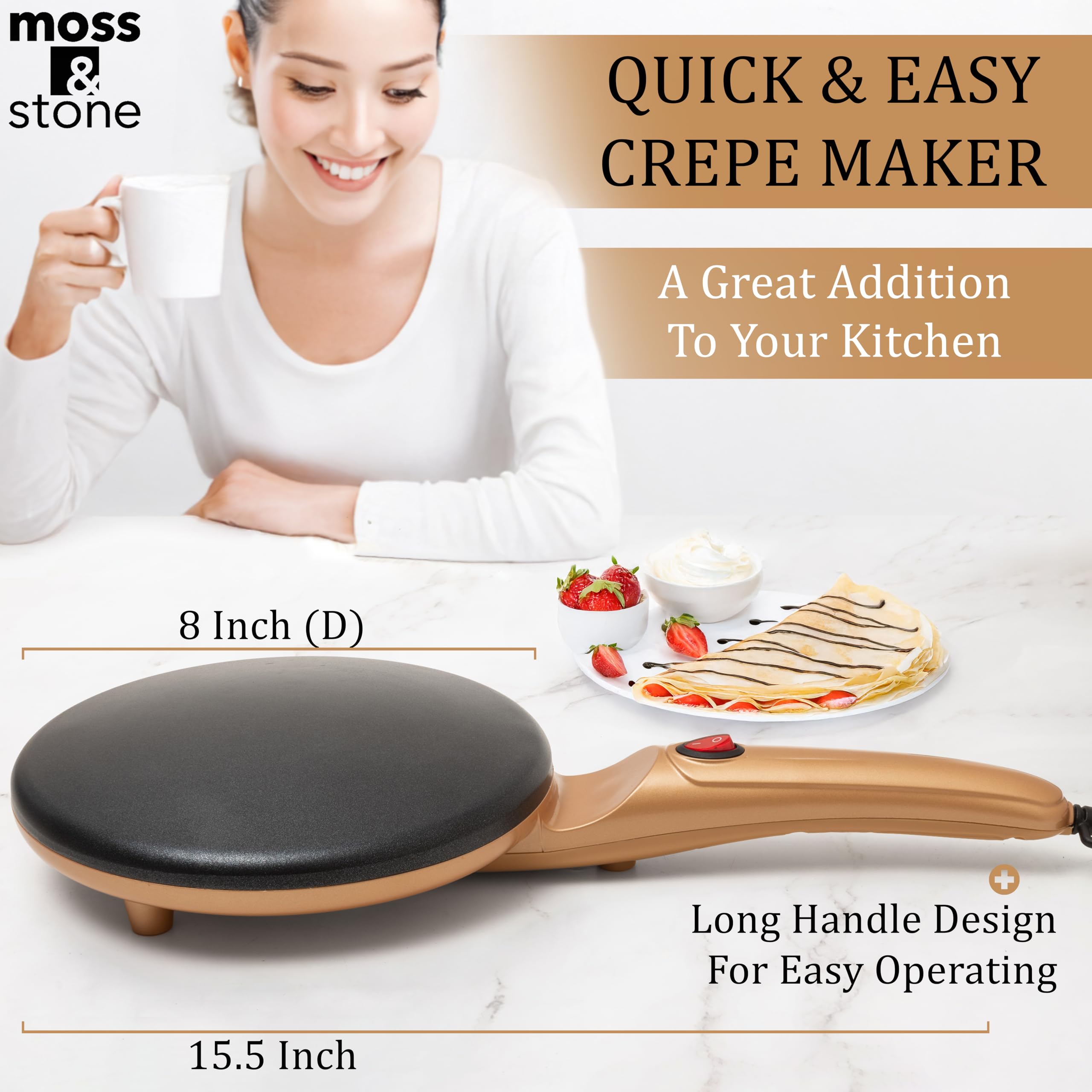 Moss & Stone Gold crepe maker 8-inch surface, heats fast for speedy breakfasts.