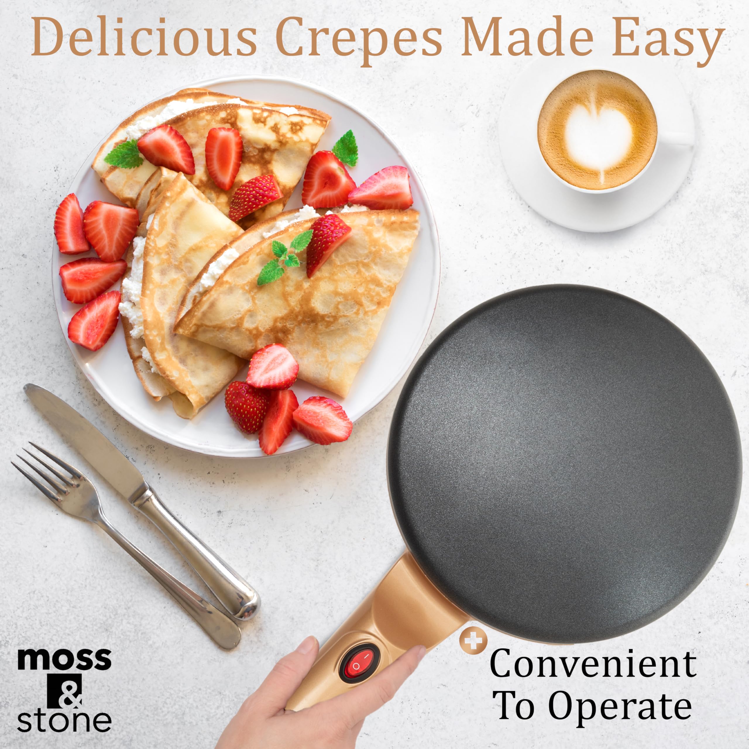Moss & Stone Gold crepe maker auto temp control, even heat prevents burning.