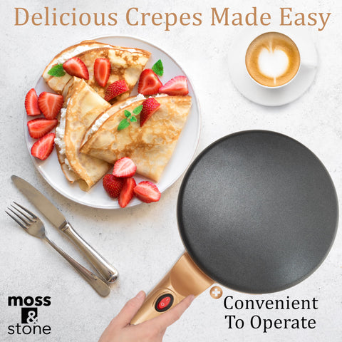 Moss & Stone Gold crepe maker auto temp control, even heat prevents burning.