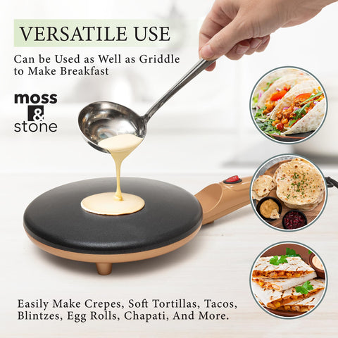 Moss & Stone Gold crepe maker compact design, fits countertop storage.