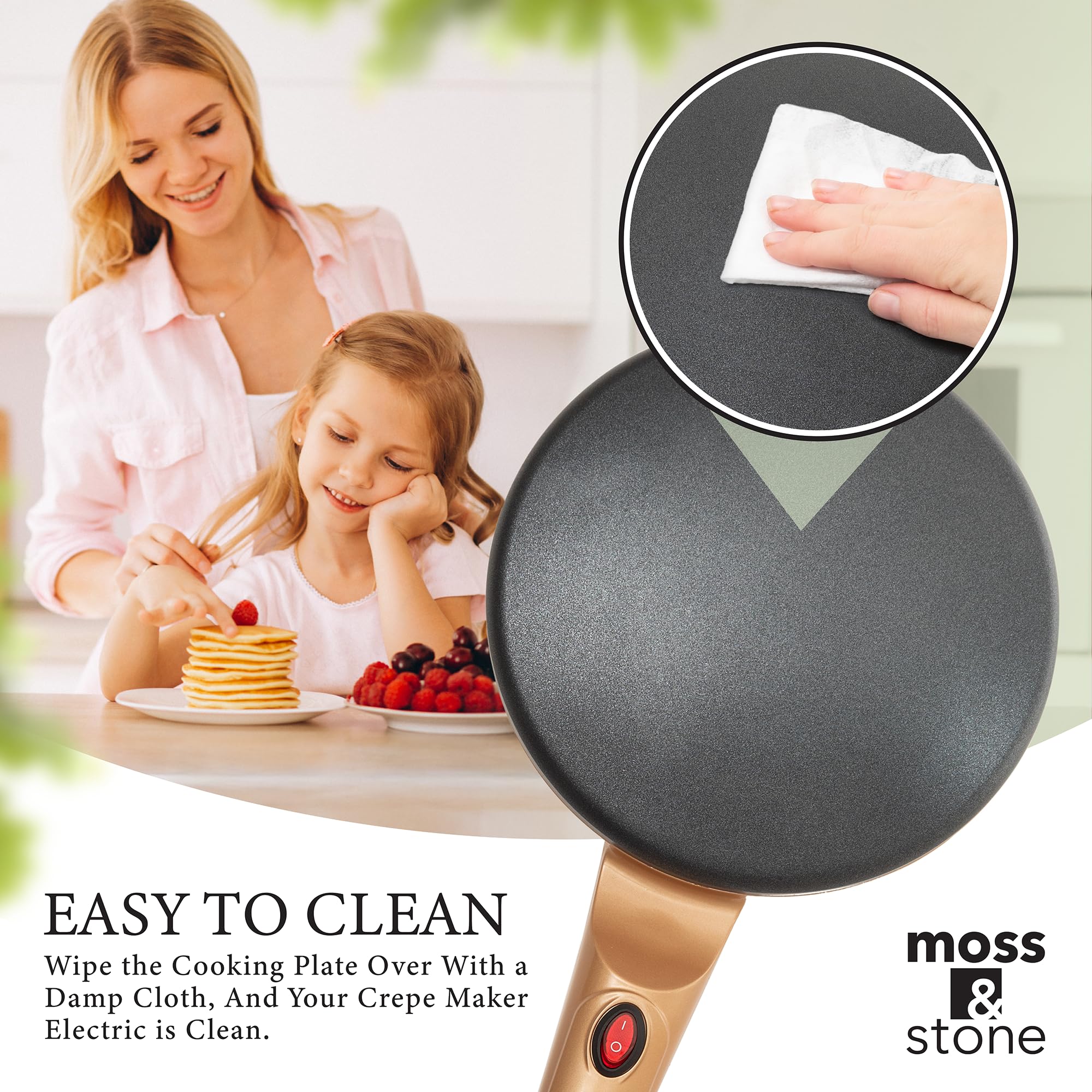 Moss & Stone Gold crepe maker easy-clean surface, wipe with damp cloth.