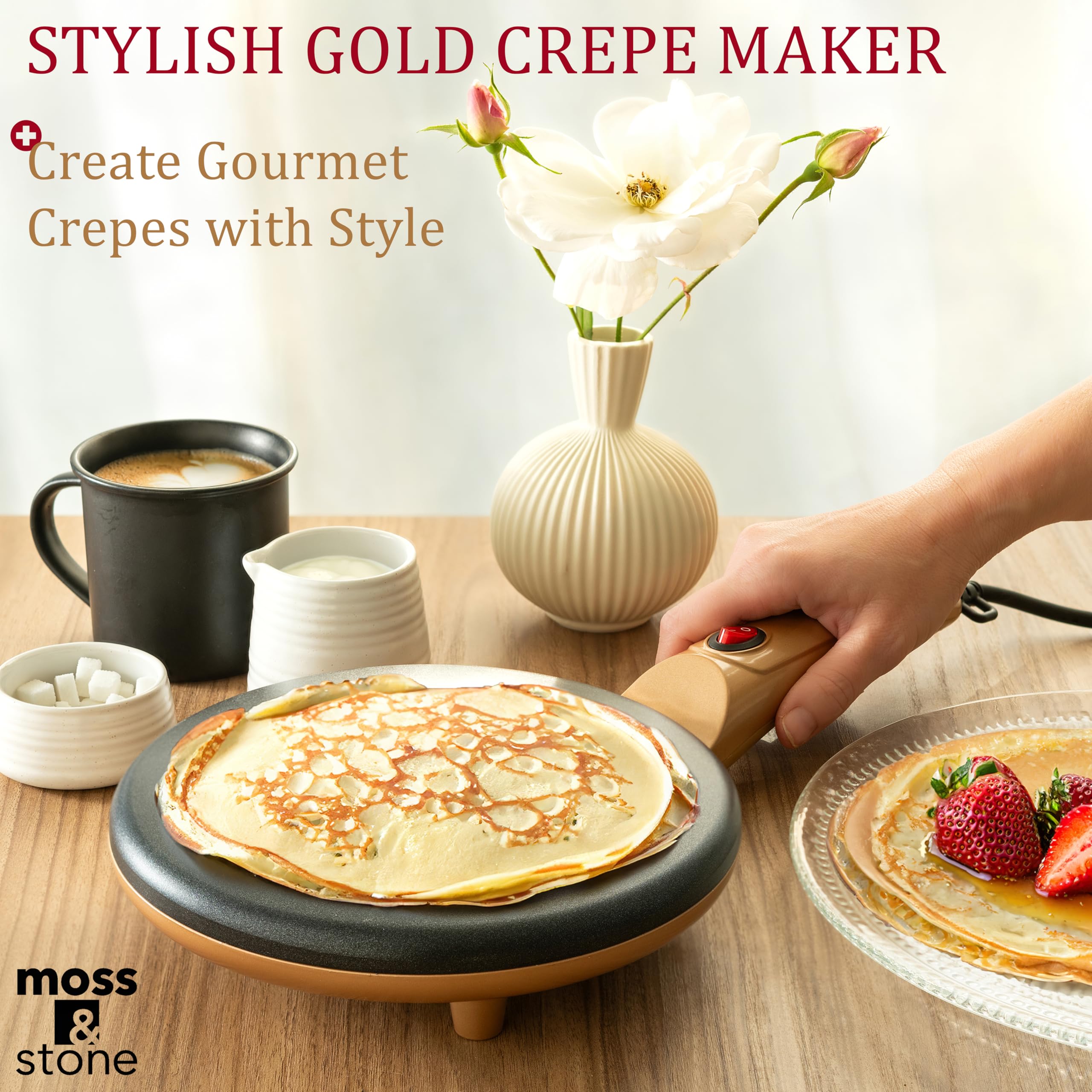 Moss & Stone Gold crepe maker nonstick surface, easy cleanup after cooking.