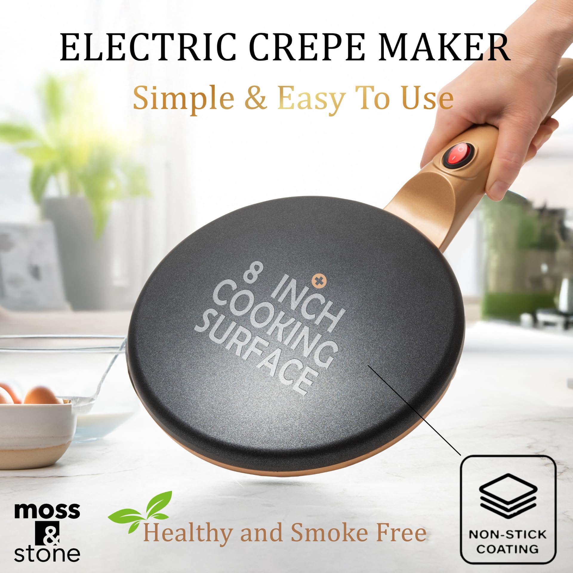 Moss & Stone Gold crepe maker on/off switch, simple control for quick breakfasts.