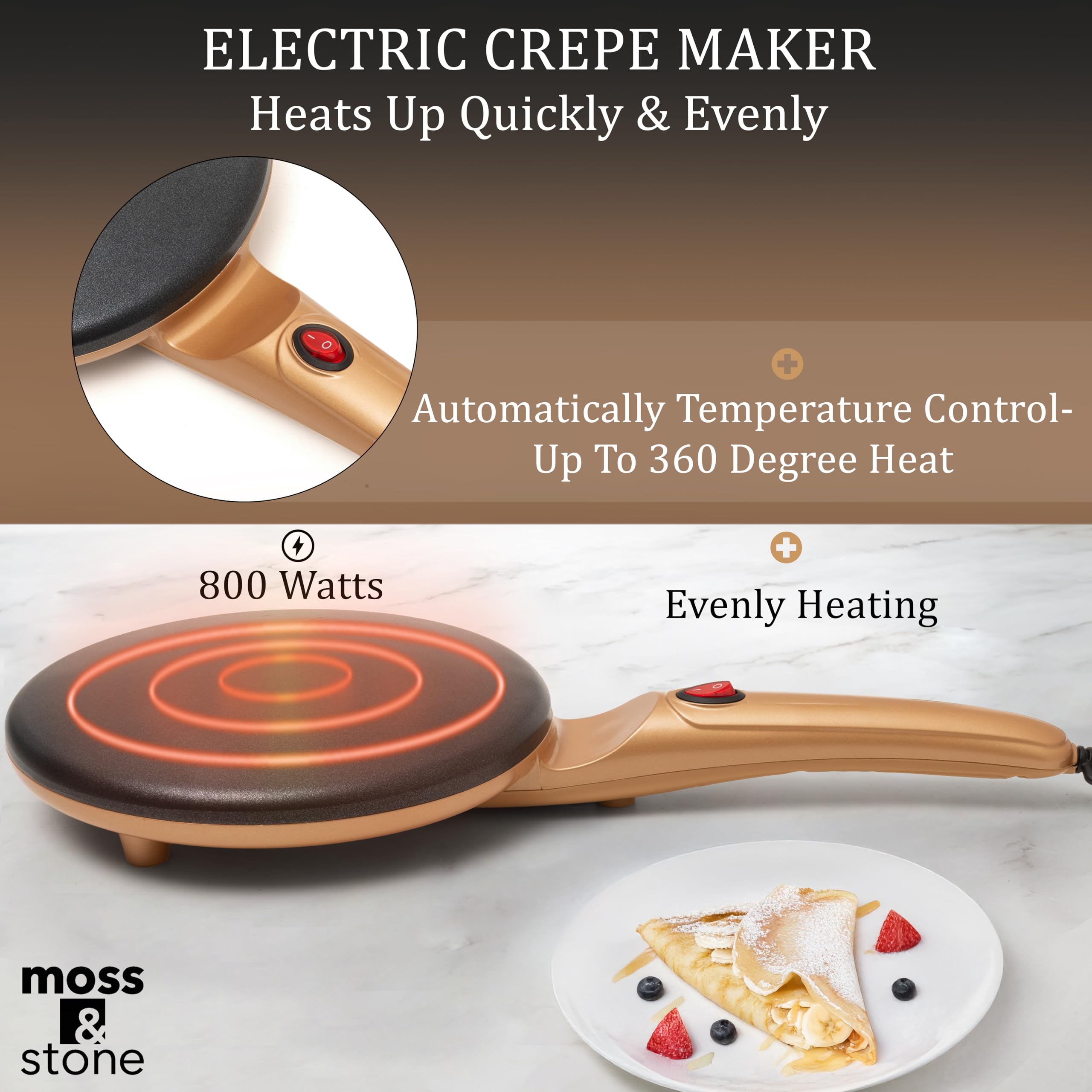 Moss & Stone Gold crepe maker versatile for pancakes and blintzes.