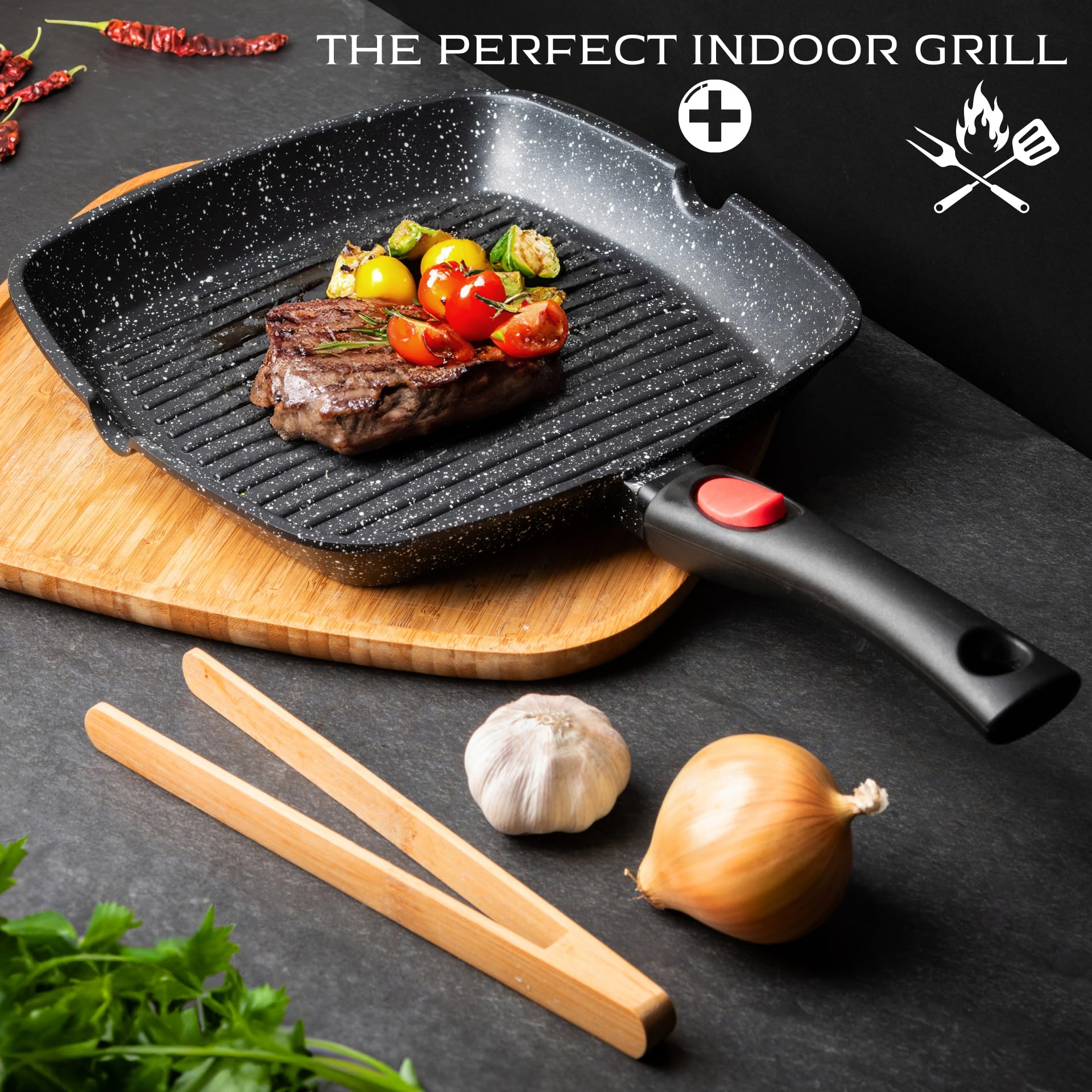 PFOA-free double-layer coating on Moss & Stone grill pan for easy food release.