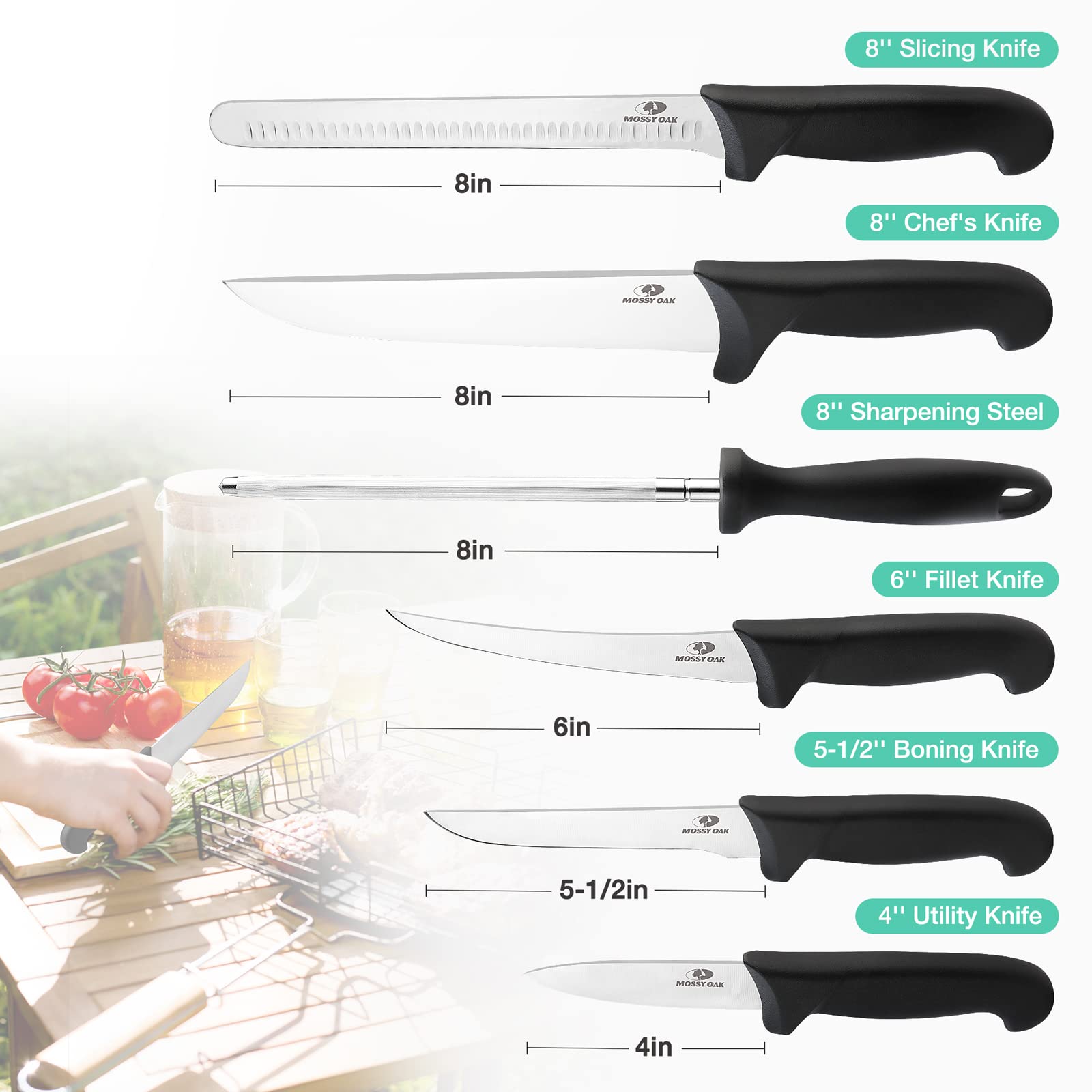 Mossy Oak 8in chef knife closeup highlighting sharp edge for precise slicing