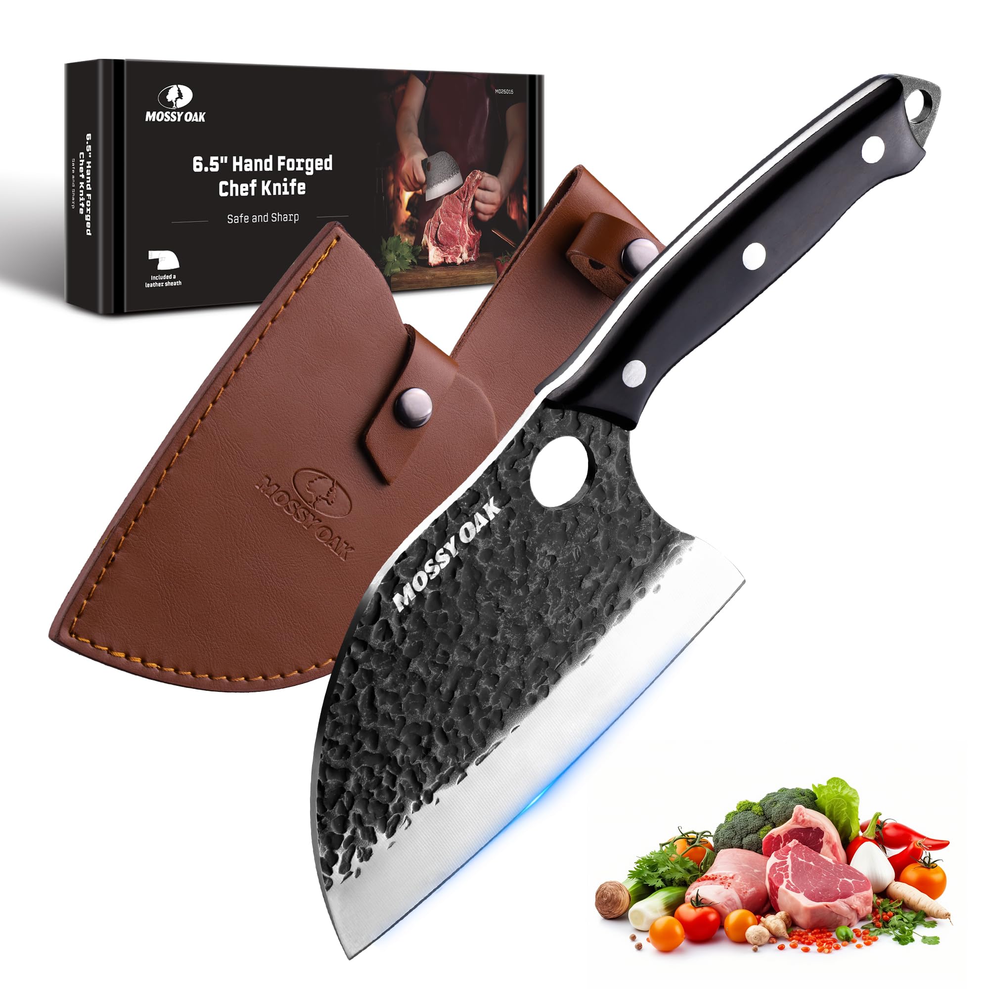 Mossy Oak Serbian Chef Knife blade close-up showing hand-forged texture for smooth cuts