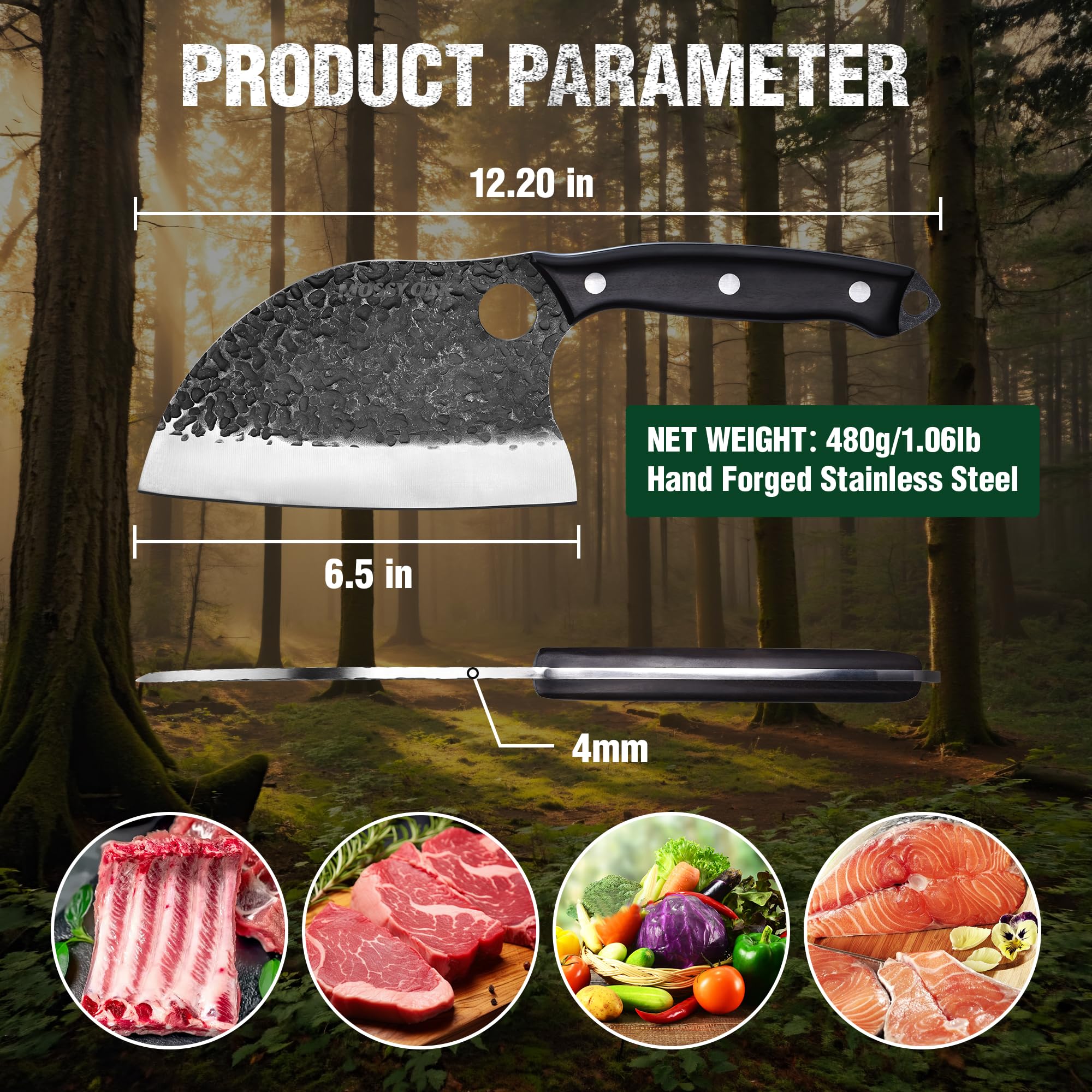Mossy Oak knife handle ergonomics with a full tang and triple rivets for comfort