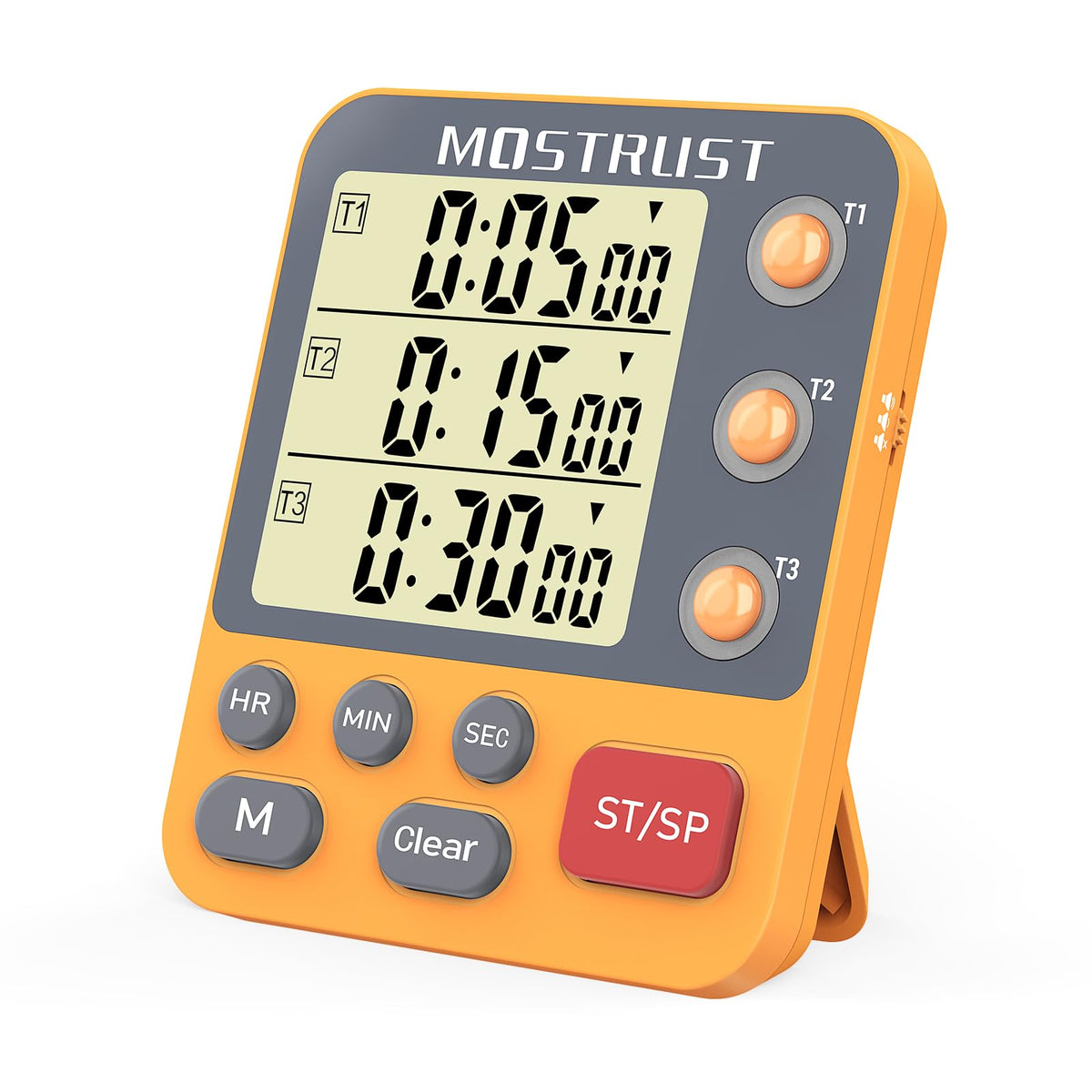 MOSTRUST digital dual timer with three channels for simultaneous cooking tasks.