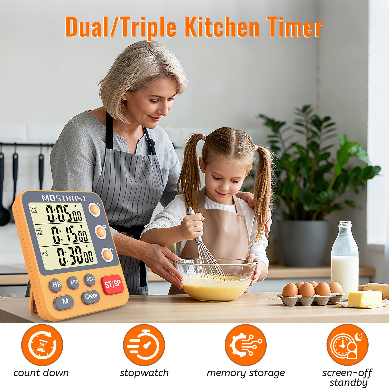 MOSTRUST timer large display aids quick reading during busy kitchen sessions.