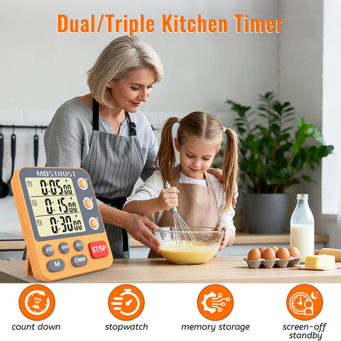 MOSTRUST timer large display aids quick reading during busy kitchen sessions.