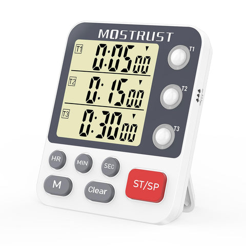 MOSTRUST Digital Dual Kitchen Timer with magnetic back for fridge placement and multi-dish timing