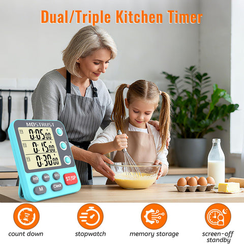 Mostrust timer with magnetic back stays on the fridge for hands-free timing.