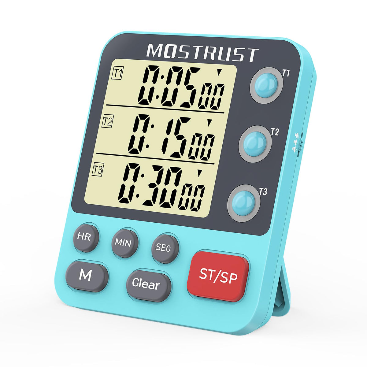 Mostrust Digital Dual Kitchen Timer on the clear main display for three simultaneous countdowns.