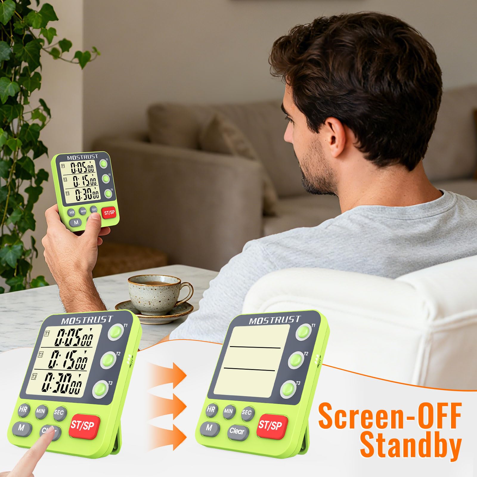 MOSTRUST timer magnetic back, stand, and hanger offer flexible placement