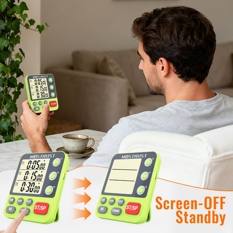 MOSTRUST timer magnetic back, stand, and hanger offer flexible placement