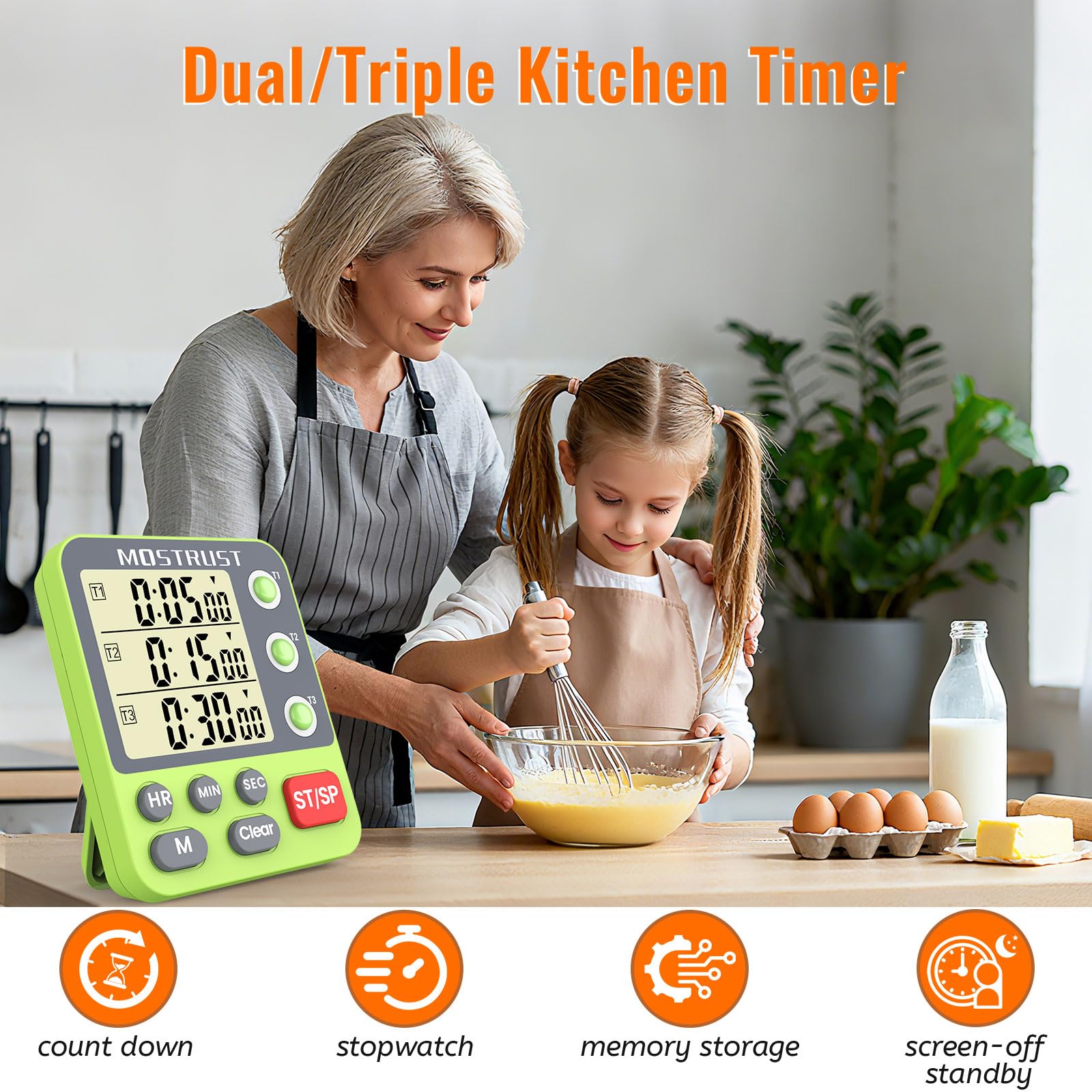 MOSTRUST timer shows three countdown channels for kitchen multitasking