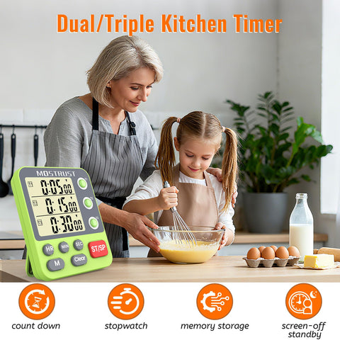 MOSTRUST timer shows three countdown channels for kitchen multitasking