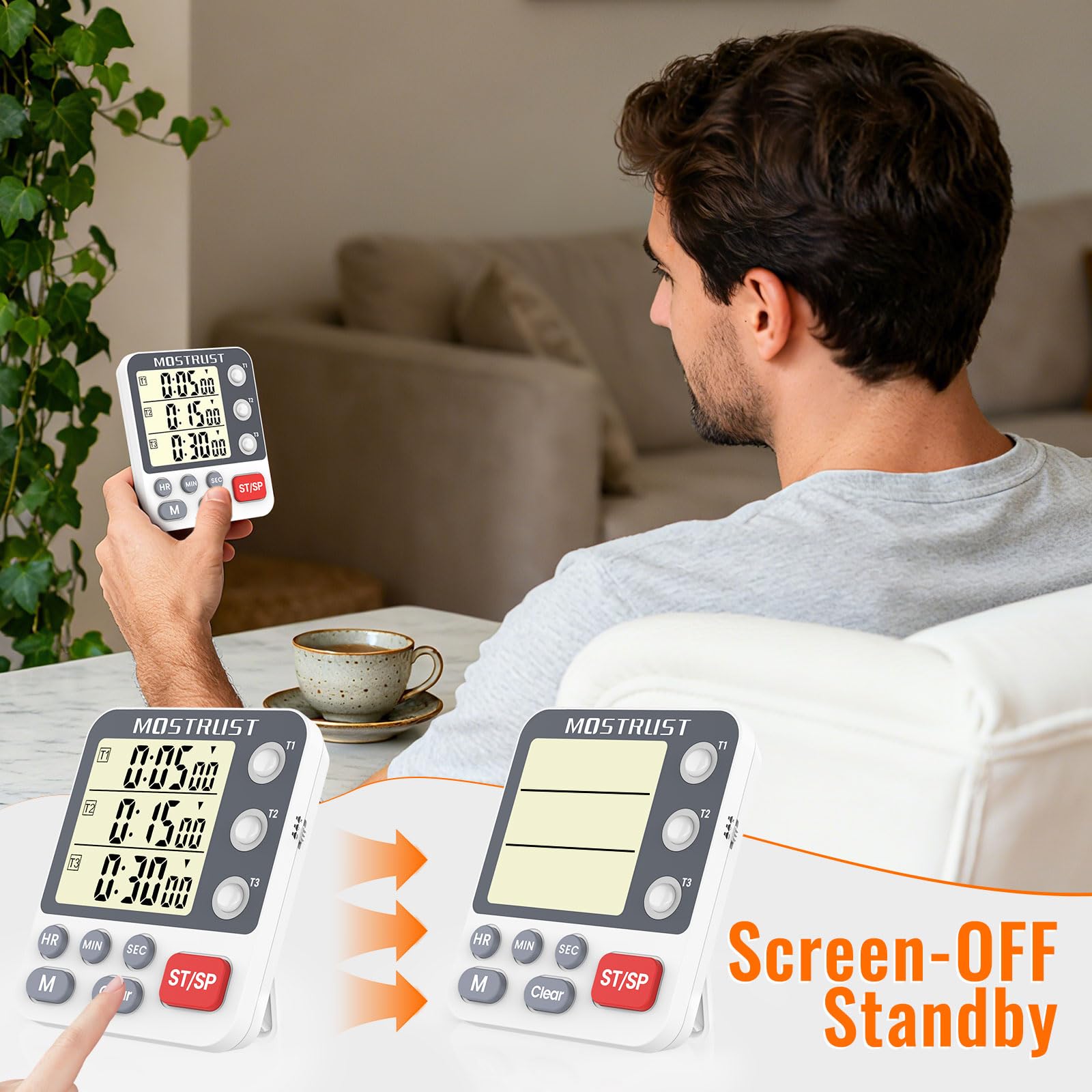 MOSTRUST timer shows magnetic back, retractable stand, and hanging hole for flexible setup