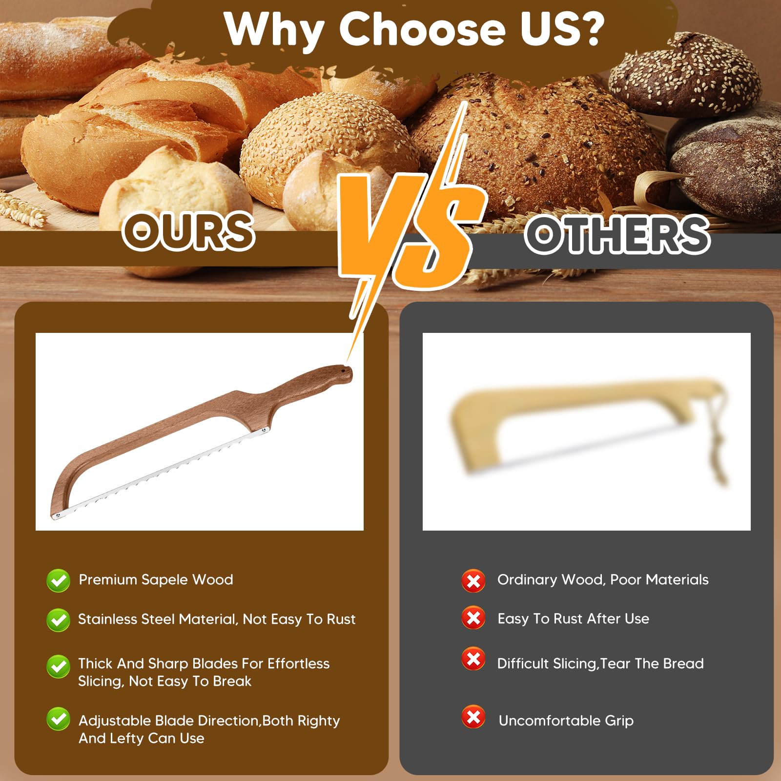 MOTAIPEAK bread knife slices bagels, baguettes, fruits with clean, sharp serrations.