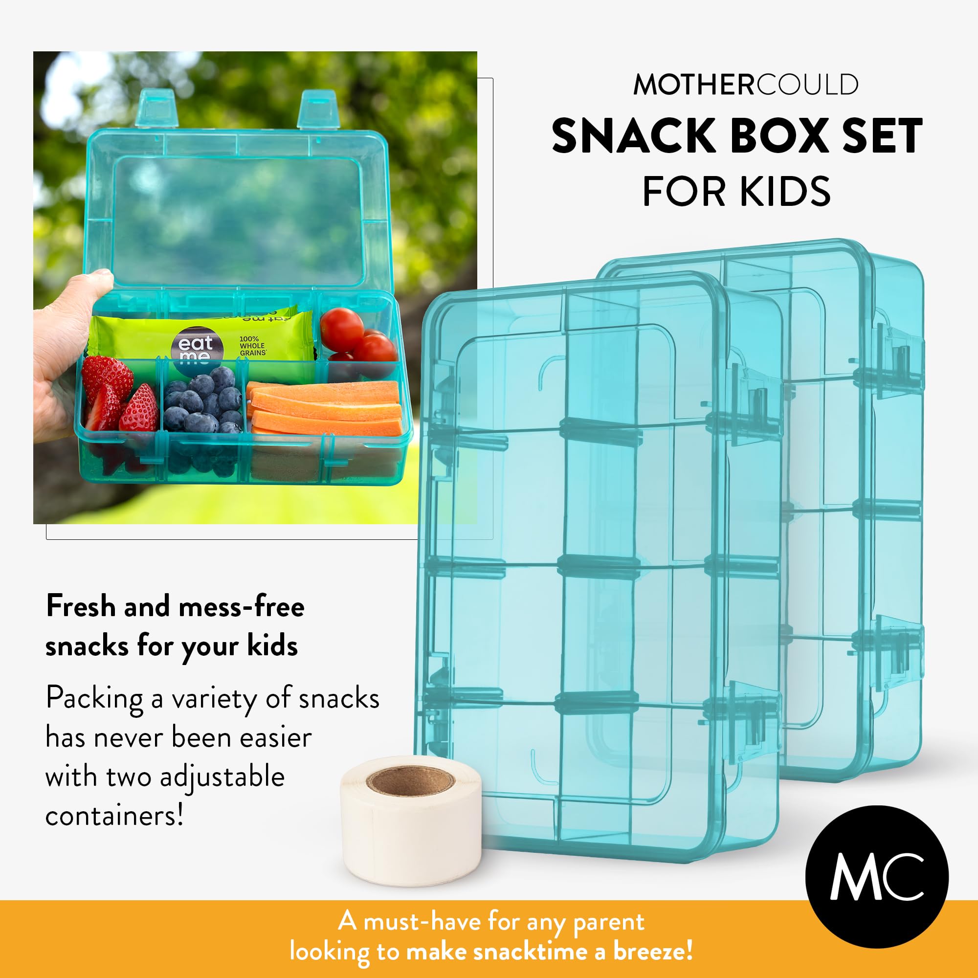 MotherCould snack box 2-pack blue lid open shows quick access to snacks
