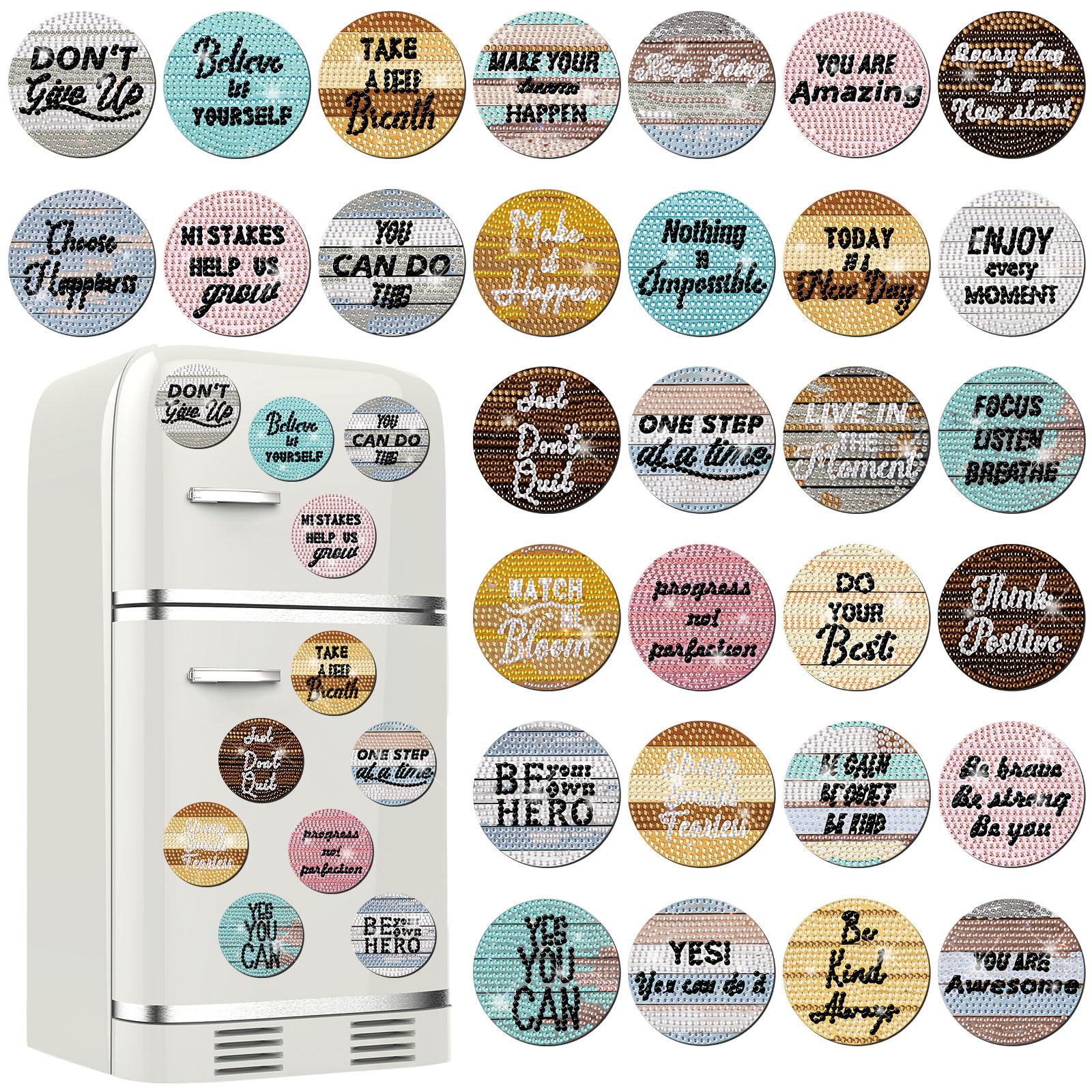 Motipuns diamond magnets collection showing a 30-piece set for creative fridge decor