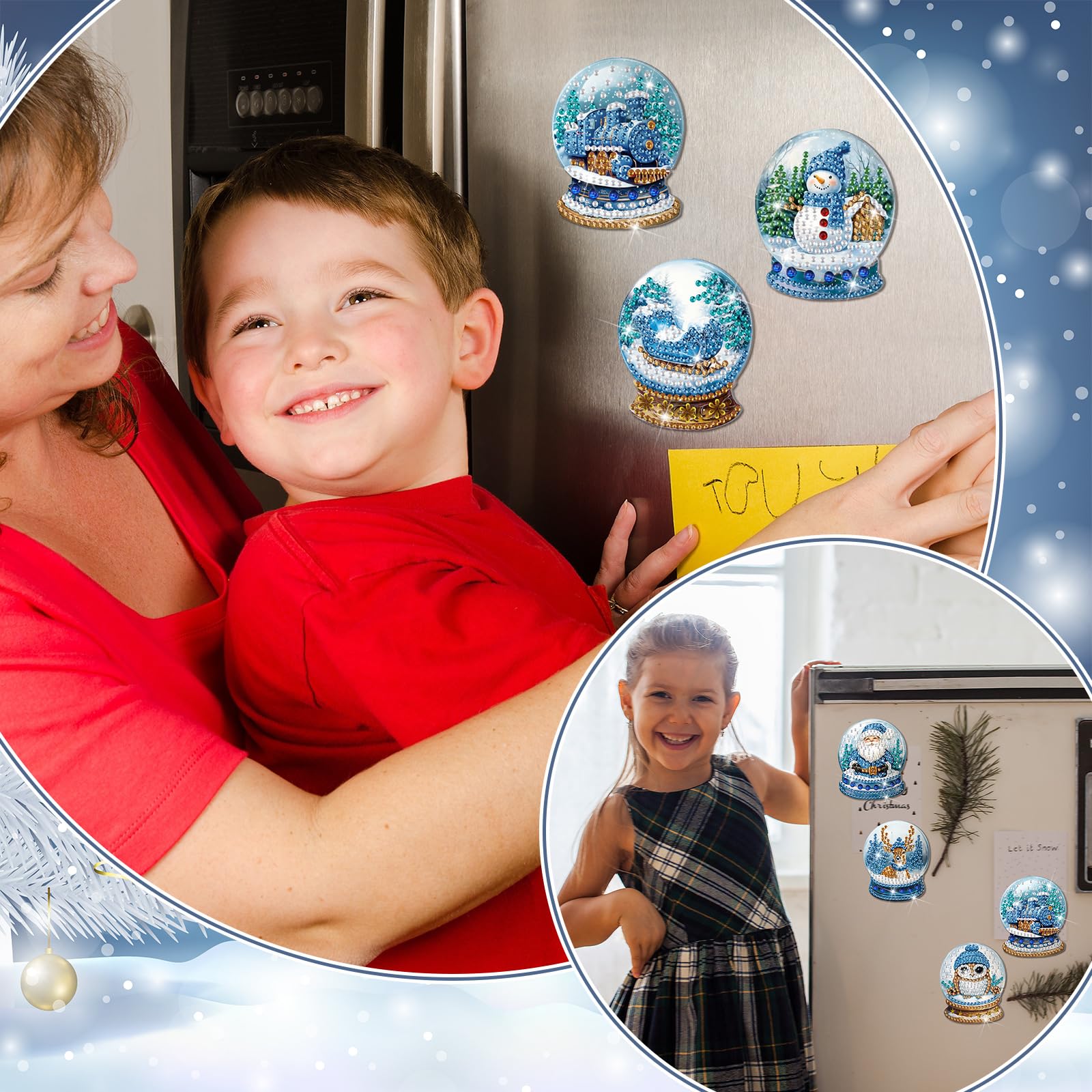Motipuns magnetic fridge magnets with blue crystal accents.