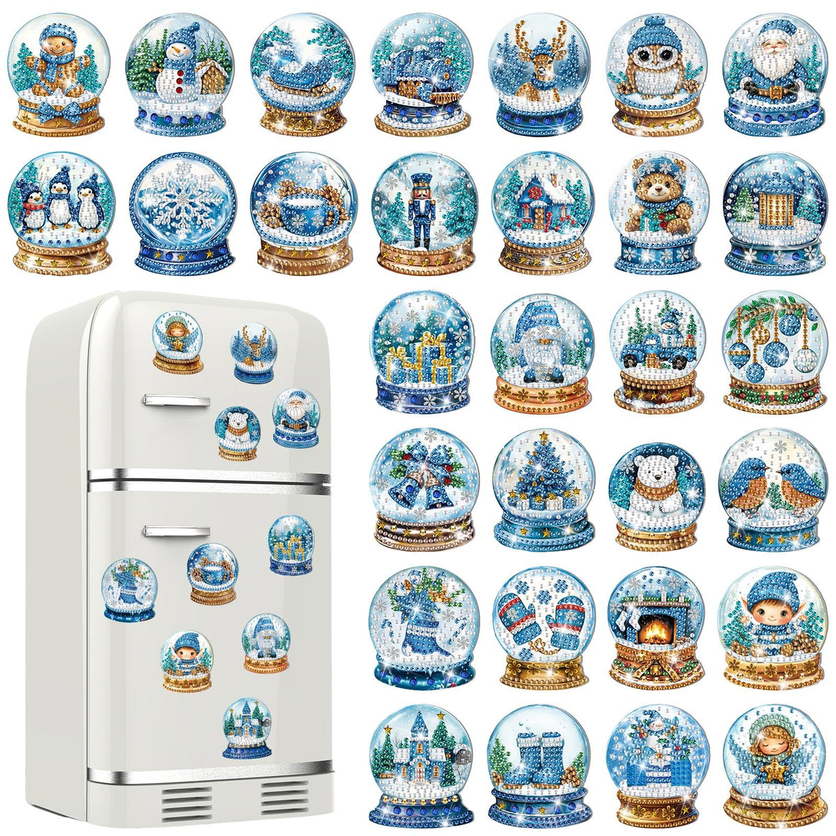 Motipuns winter diamond art magnets collection on fridge for chic, creative decor.