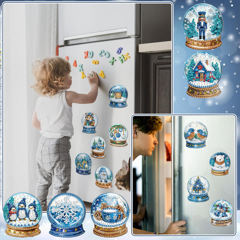 Motipuns winter diamond art magnets on refrigerator display.